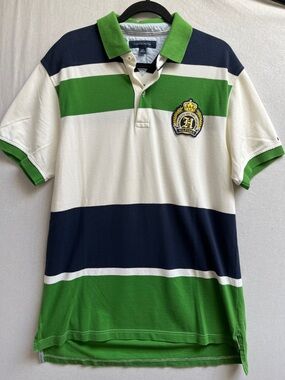 Tommy Hilfiger Men’s Green Navy White Striped Polo with Crest Sz L